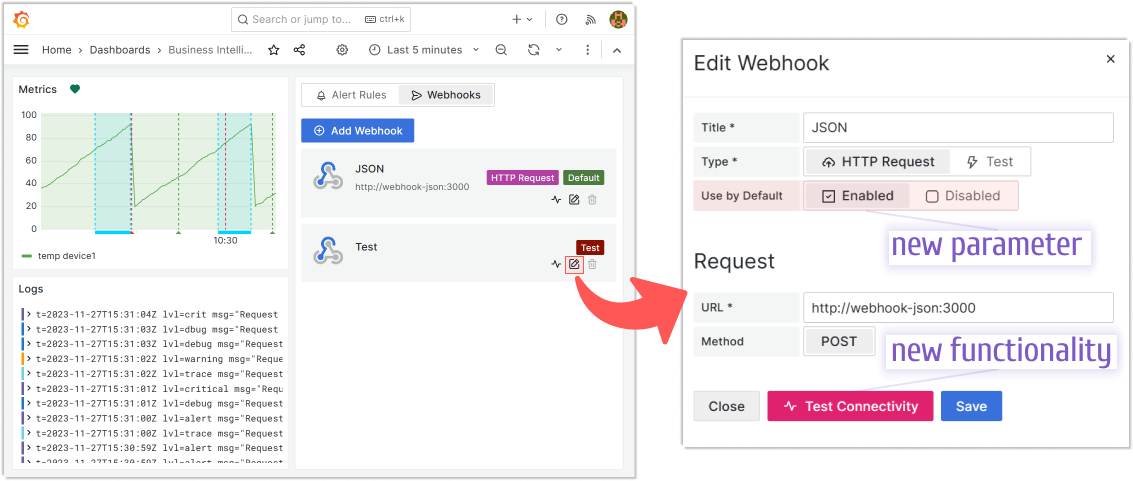 Webhook updates: Test Connectivity and Use by Default options.
