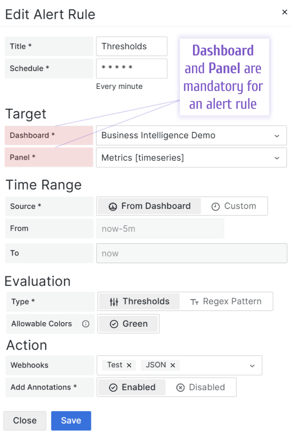 Select dashboards and panels to configure alert rules.