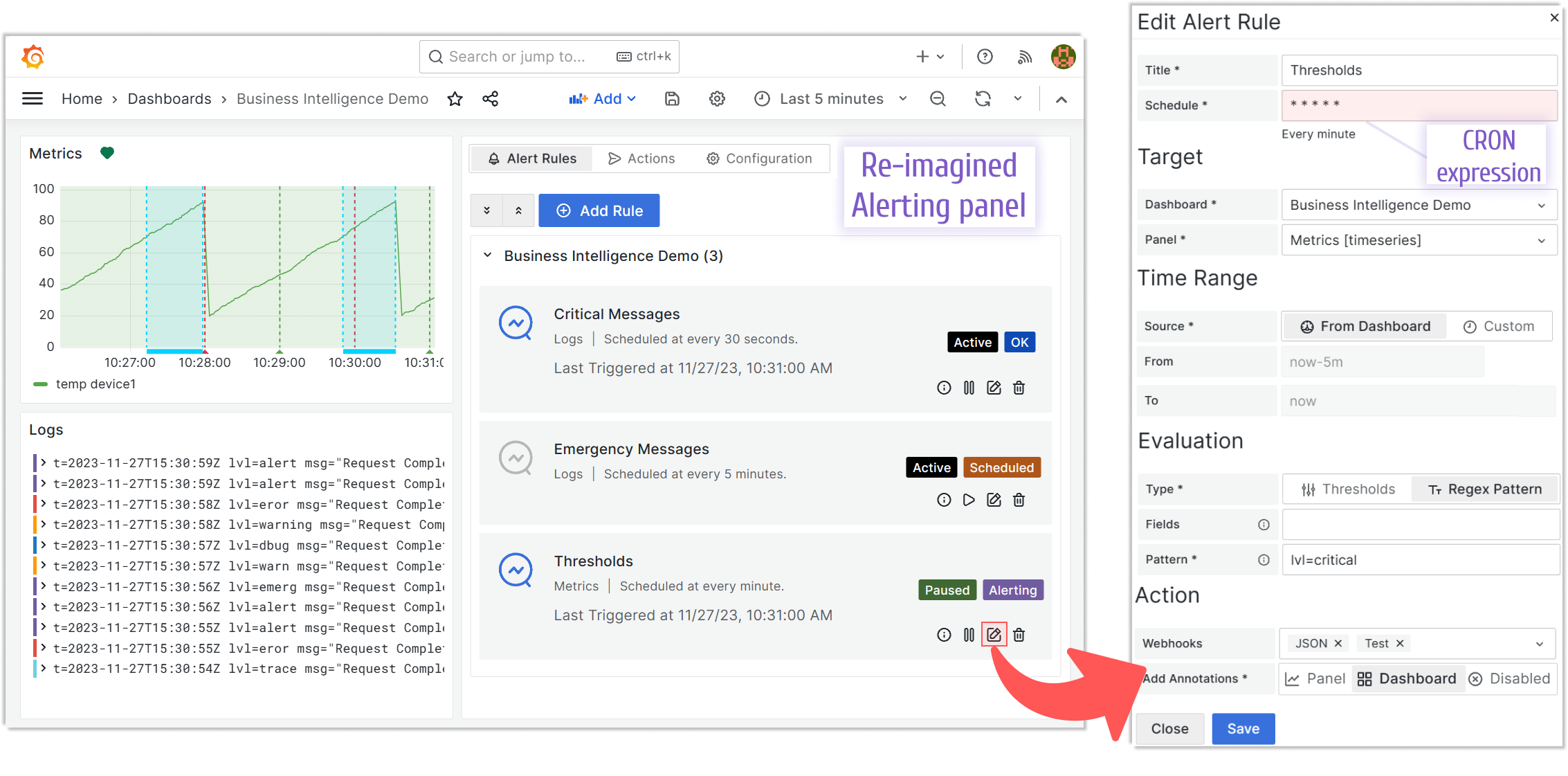 Alerting panel with the Edit alert drawer.