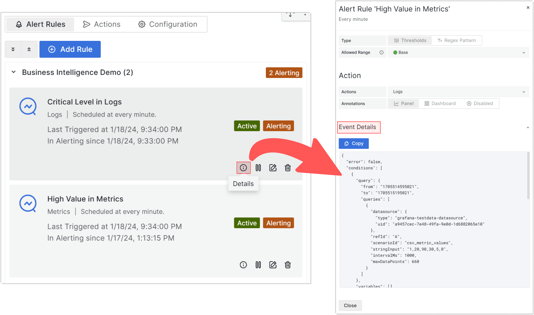 Event Details for alerts in Alerting and Error states.