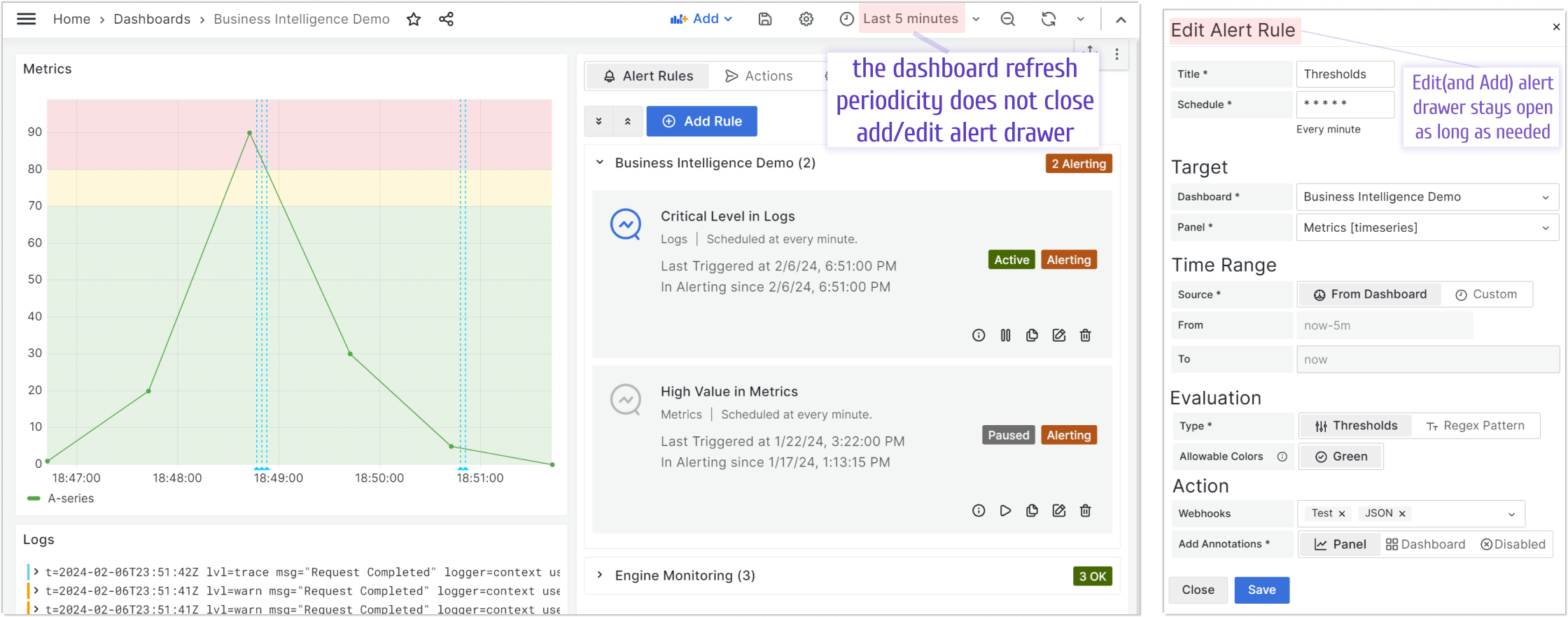 Add/Edit drawer stays open during dashboard refreshes.