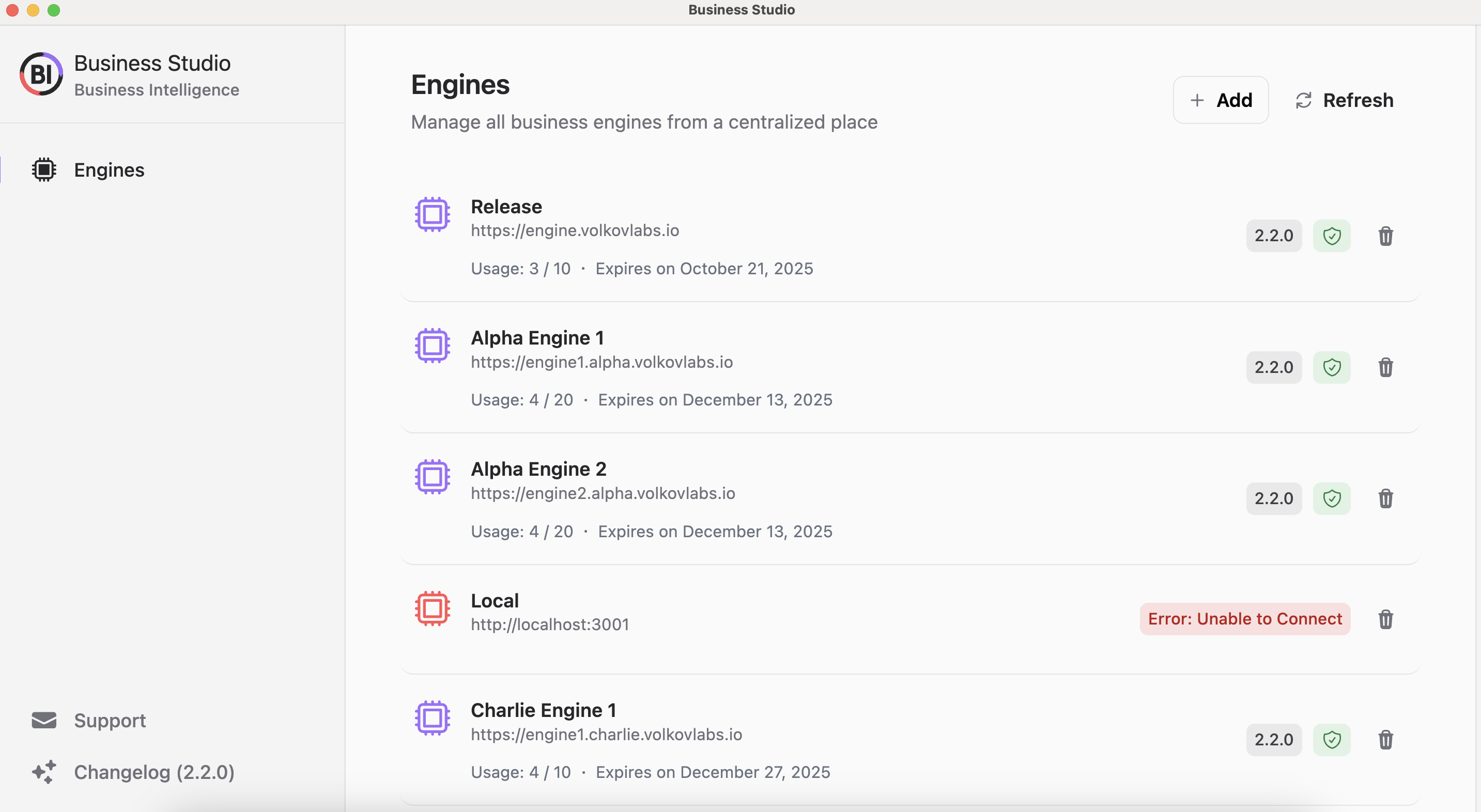 Business Studio 2.2.0 displaying configured Business Engines.
