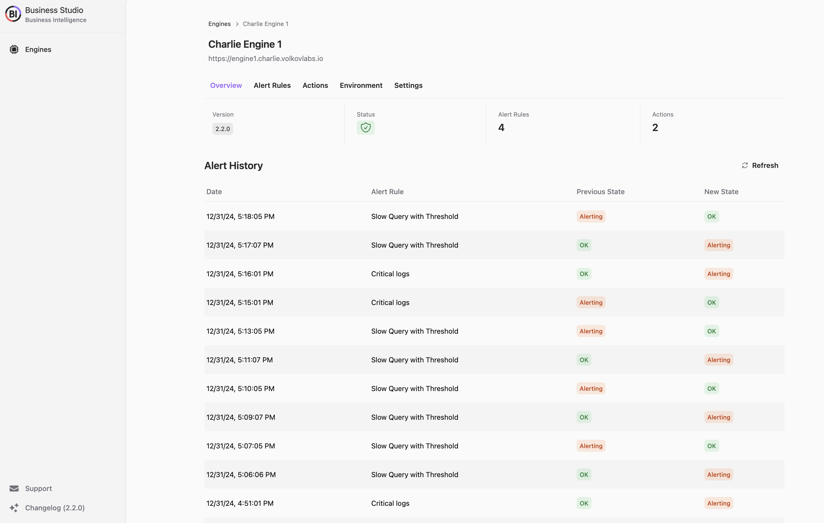Engine Overview displaying recent alert history.