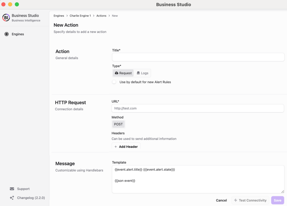 Configuring a new action with connectivity testing.