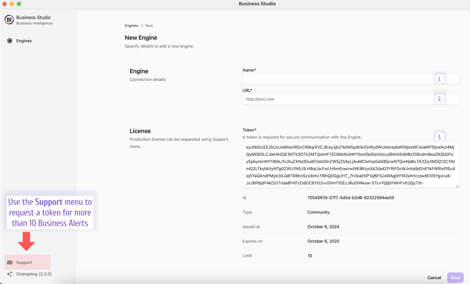 Configuring a new Business Engine in Business Studio.