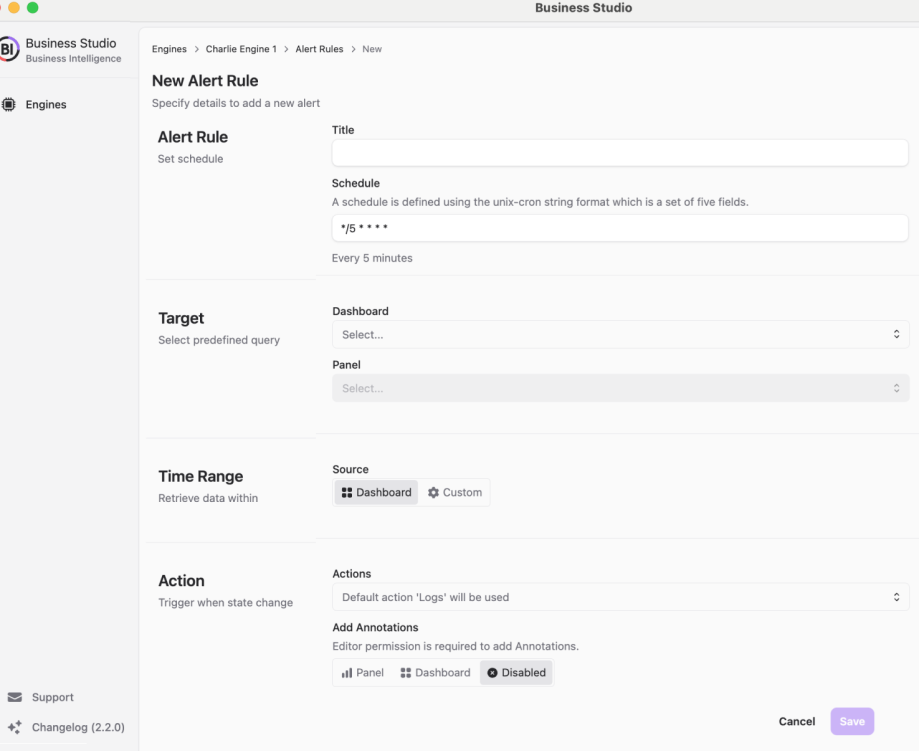 Creating a new alert rule with detailed options.