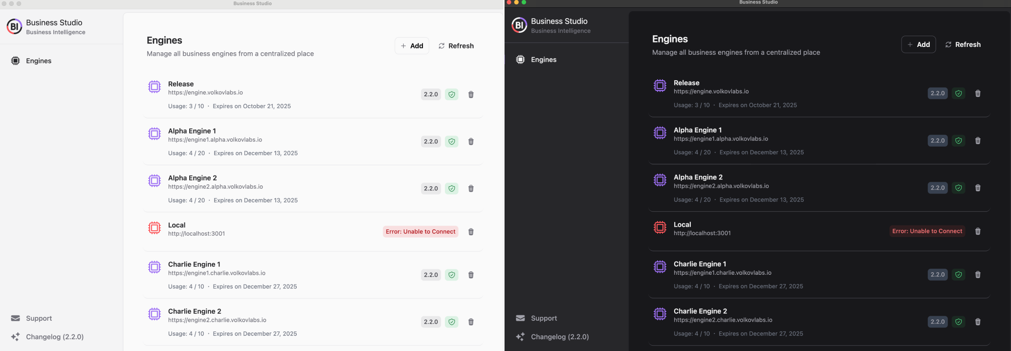 Light and Dark theme options for Business Studio.