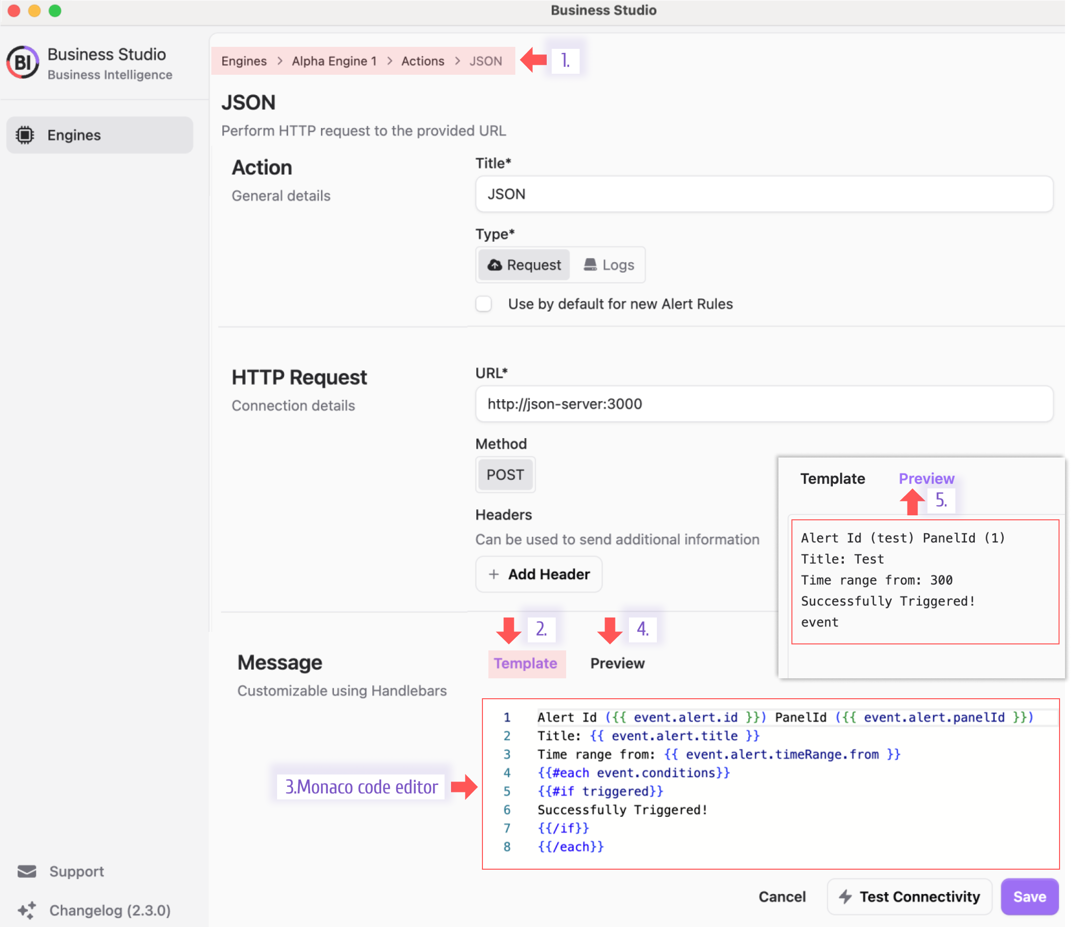 Monaco code editor for crafting alert message templates.
