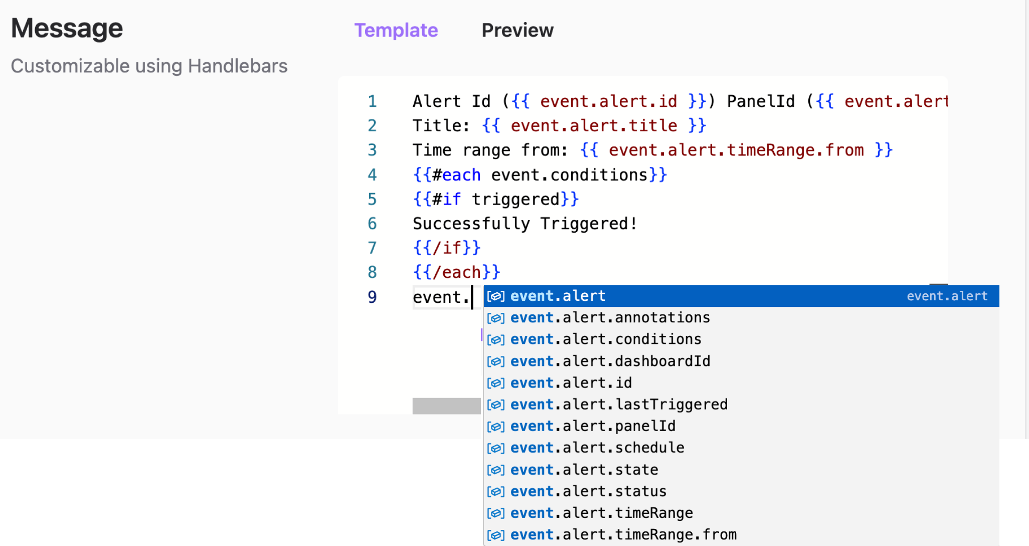 Code suggestions appear after typing 'event.' in Monaco.