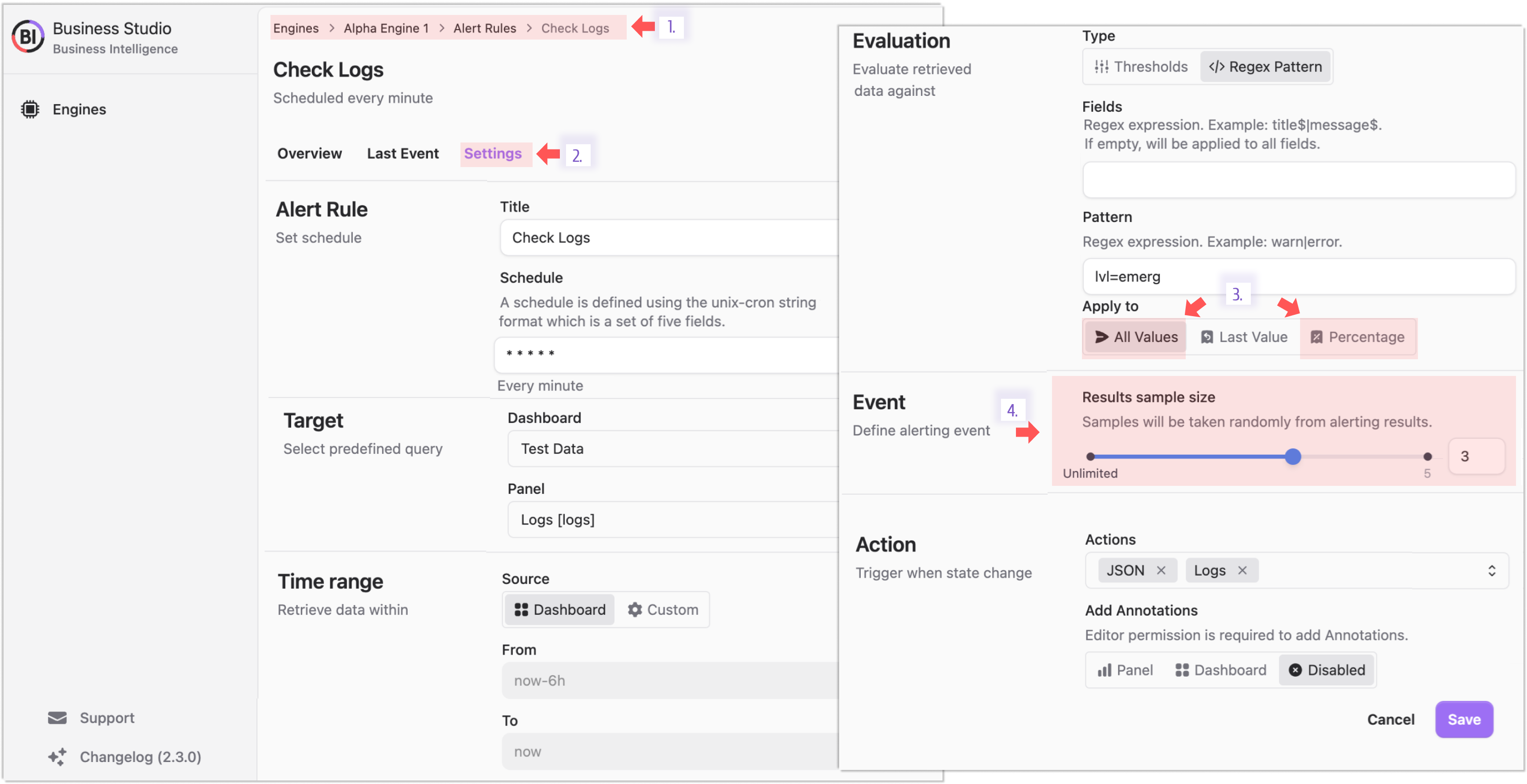 Configure Results Sample Size for alert rules.