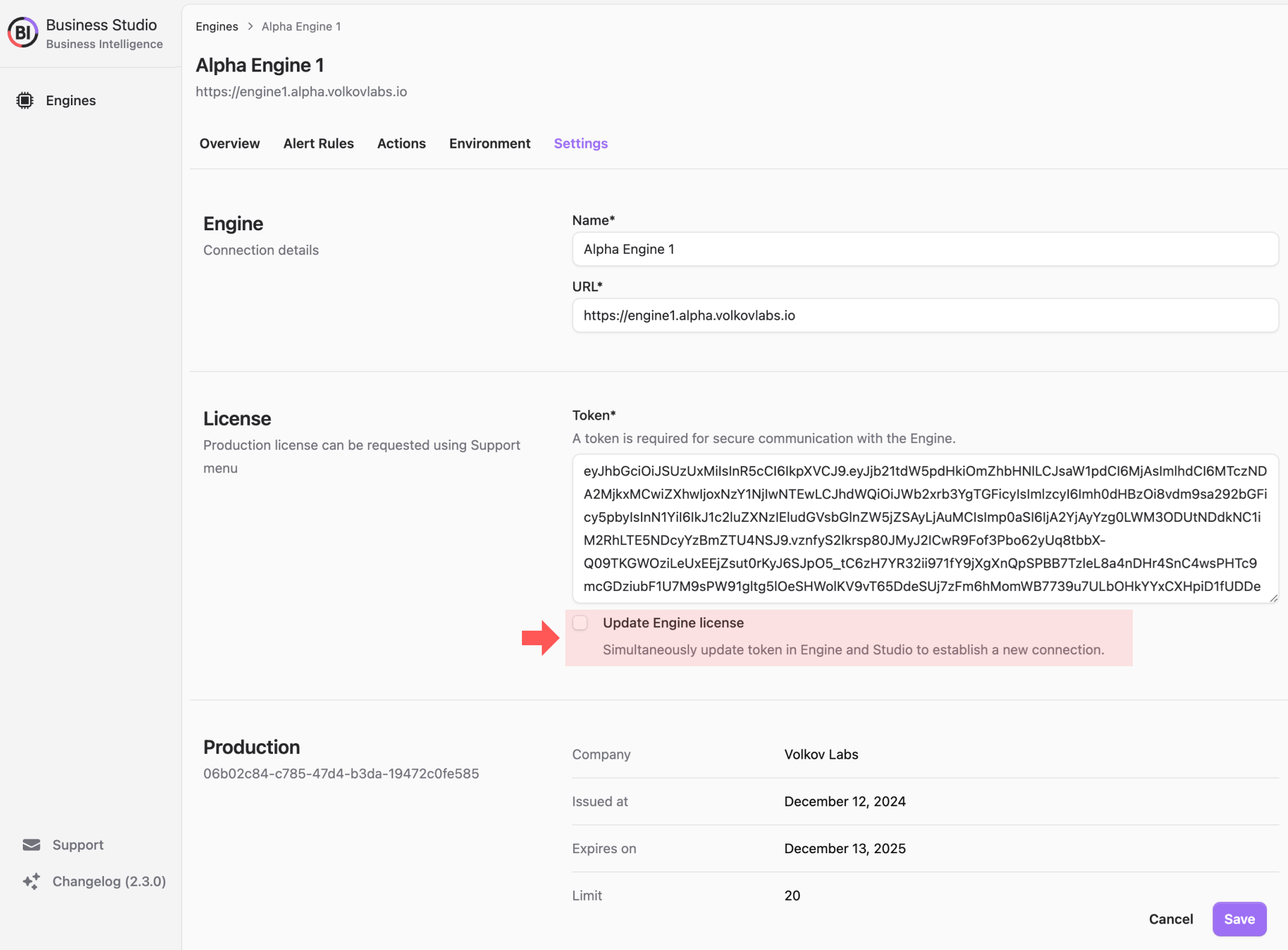 Easily update your Engine License in Business Studio.