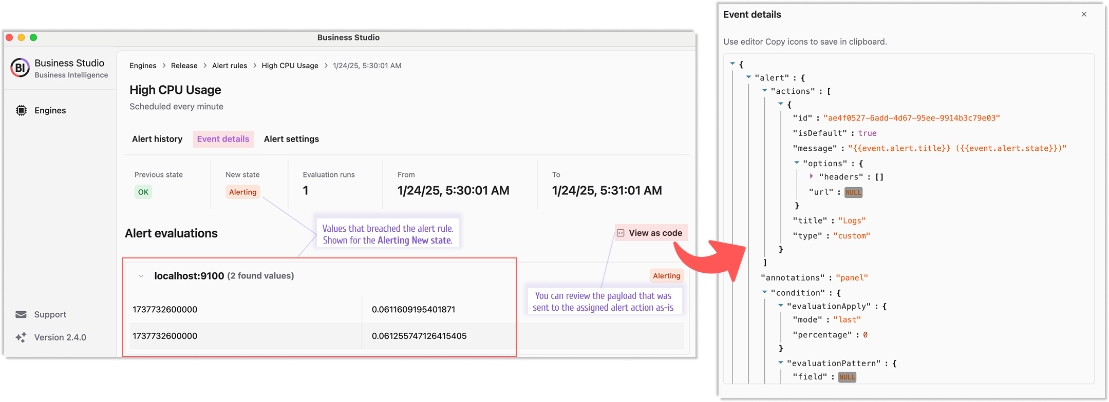 Alerting state highlights triggering values; access full payload via 'View as Code'.