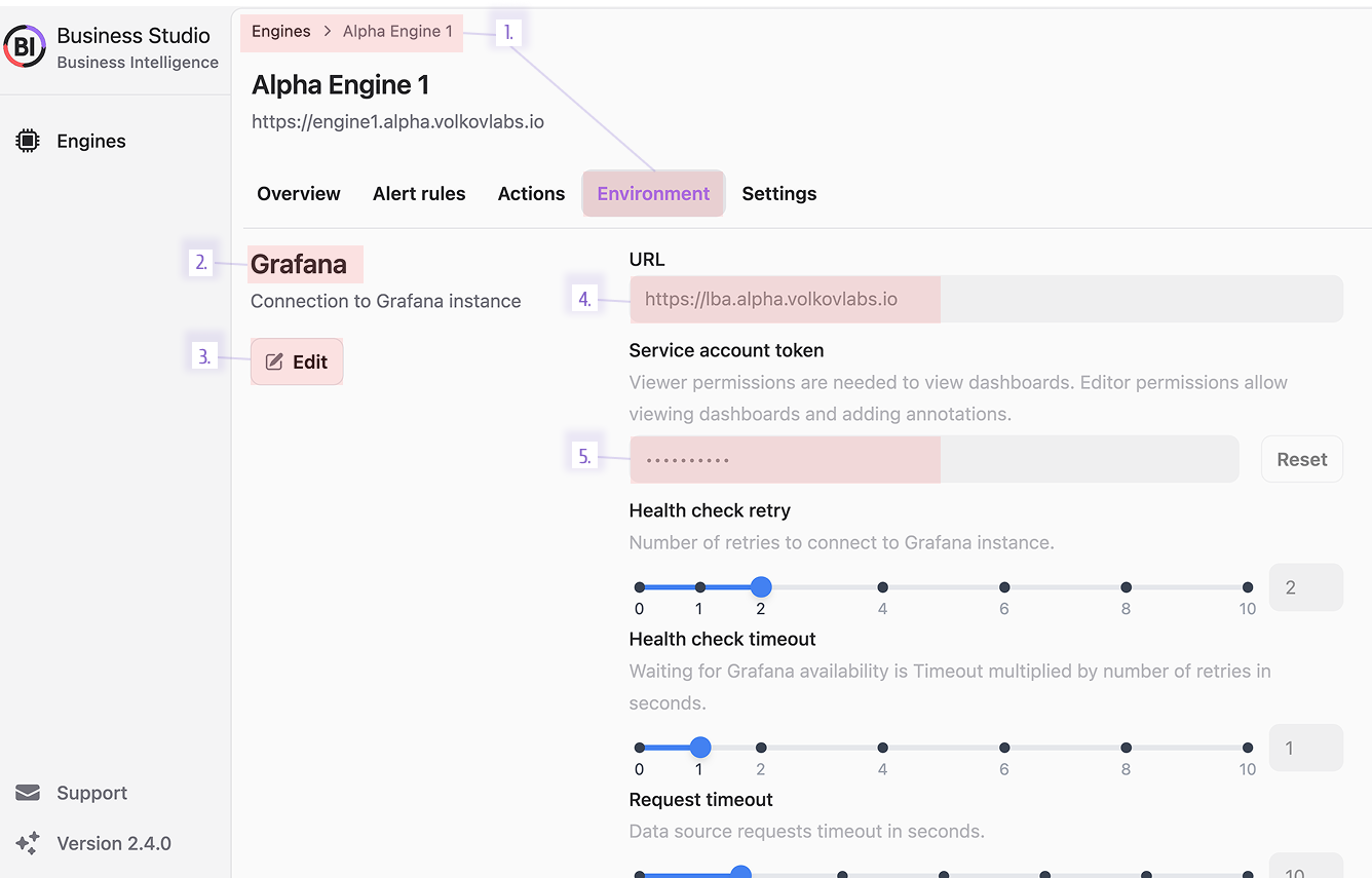 Connect a Business Engine to Grafana directly in Business Studio.