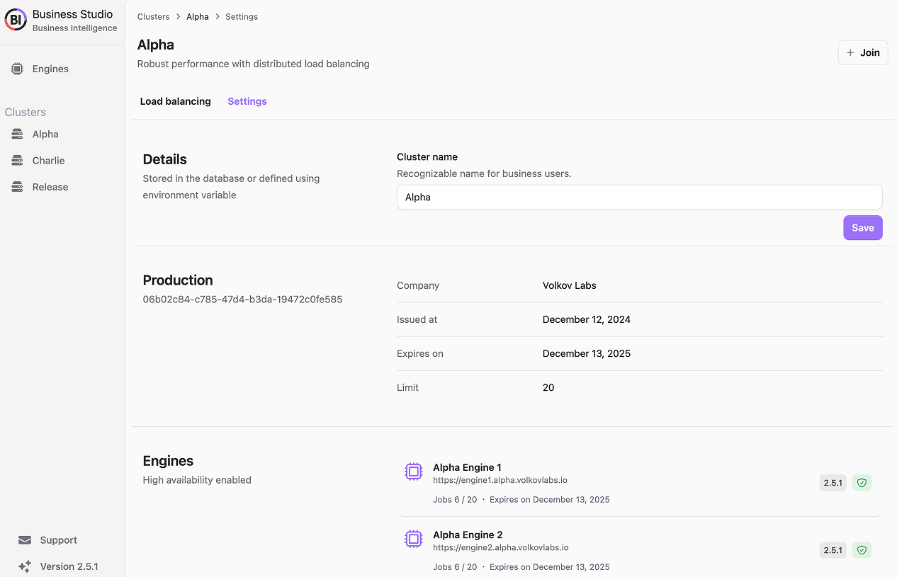 Settings page for the Alpha cluster.