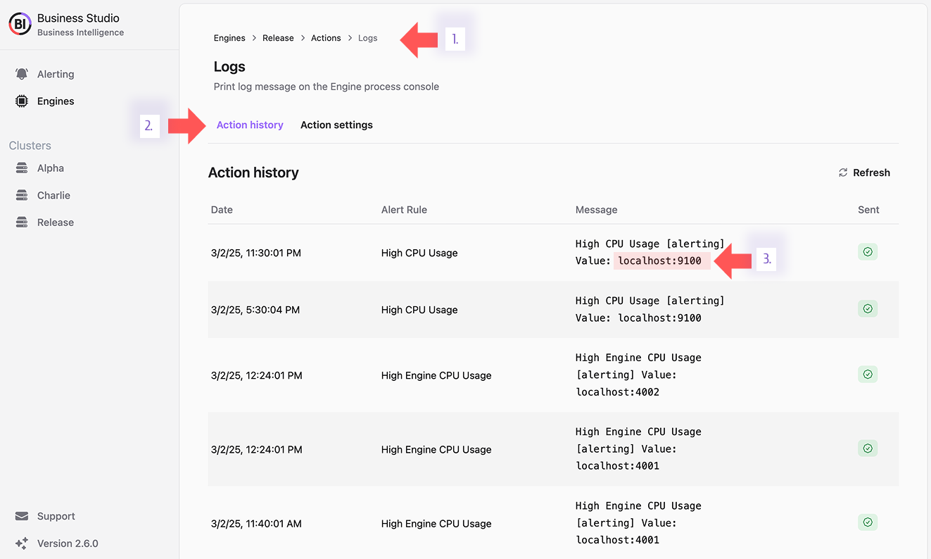 Action History Page displaying submitted messages.