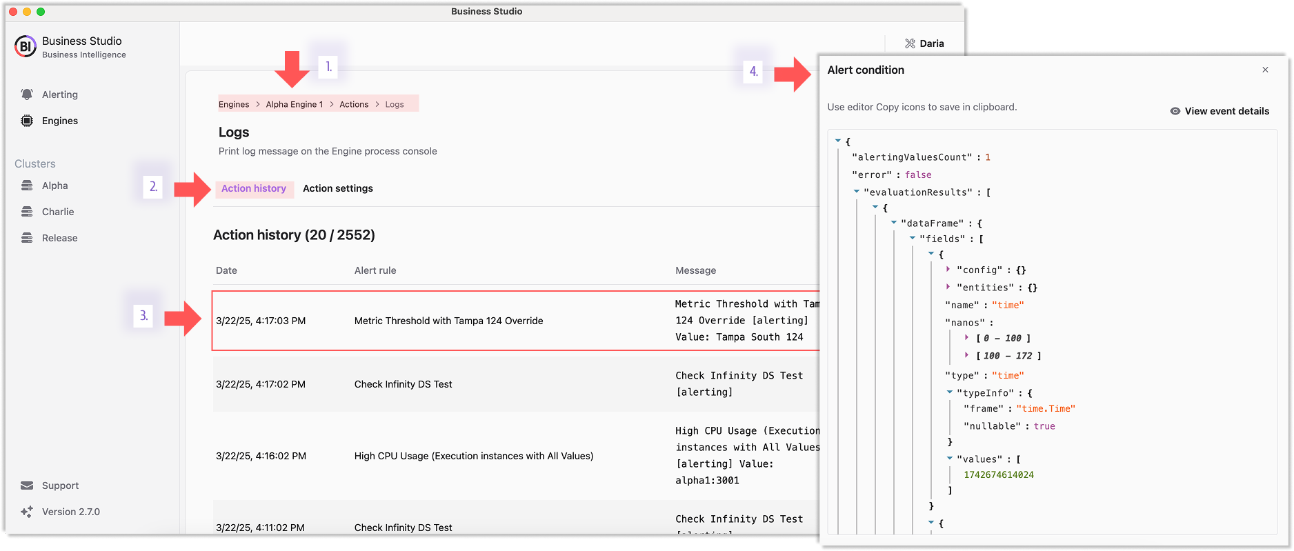 Alert condition drawer provides instant clarity.