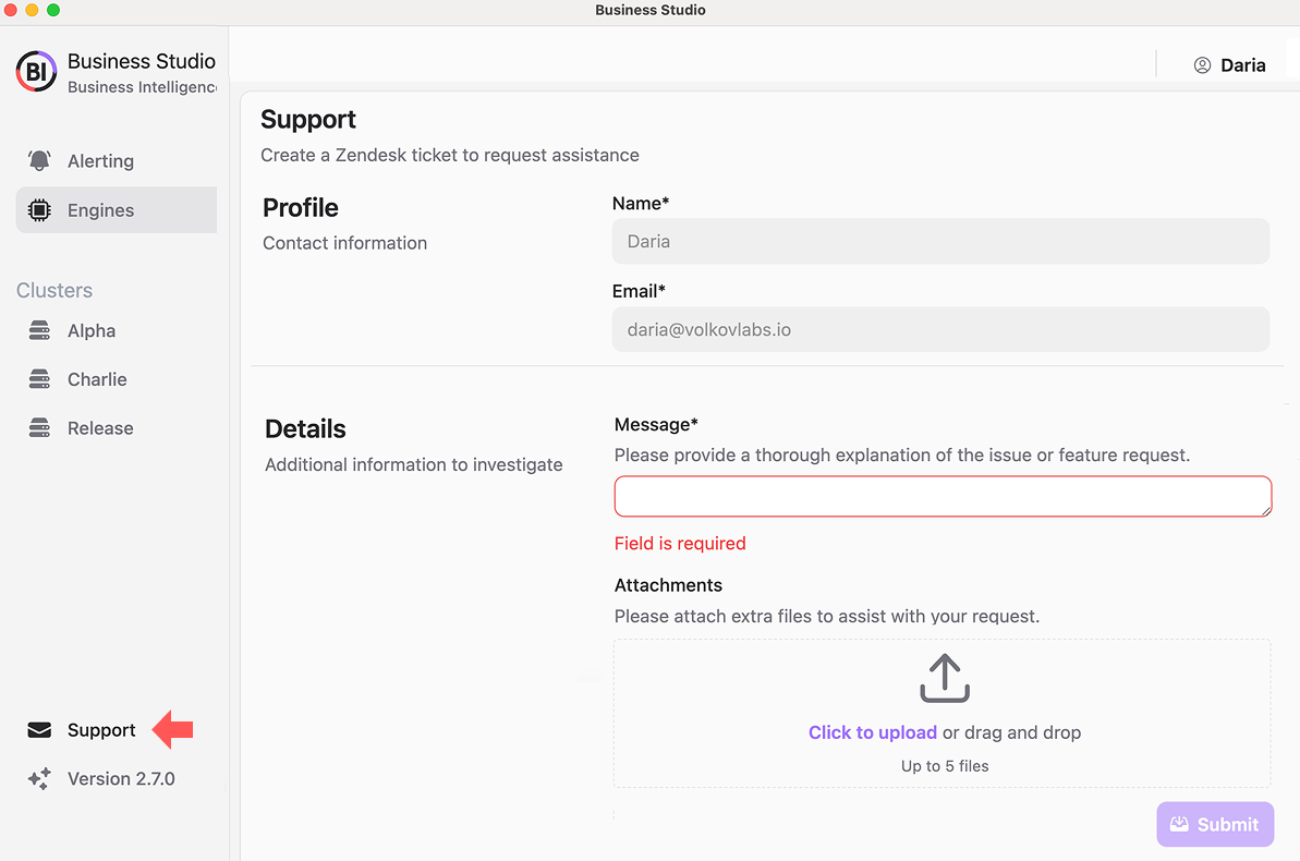 Streamlined support ticket submission.