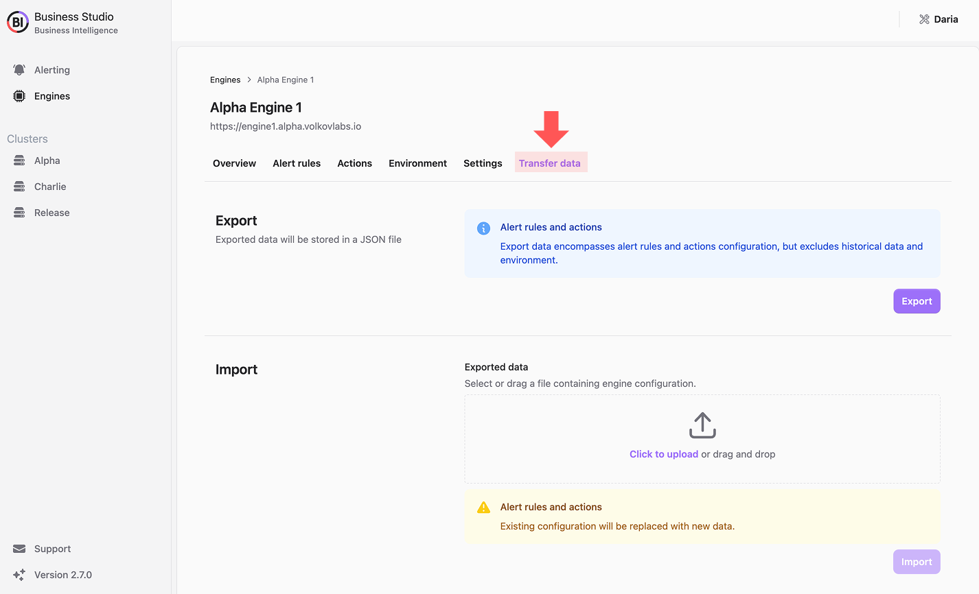 Export or import engine configurations via JSON.