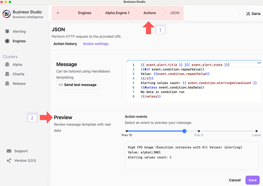 Preview action messages to ensure accuracy across scenarios.