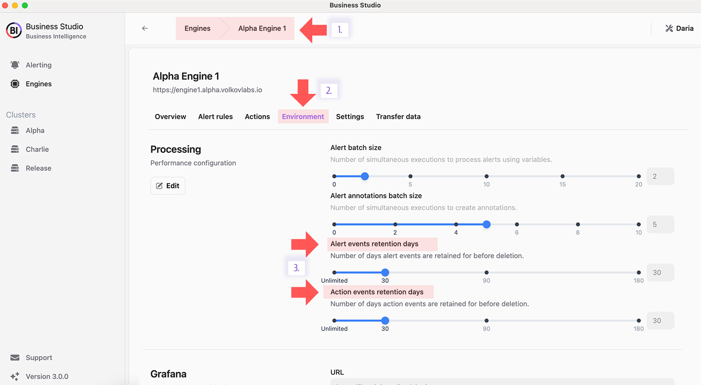 Set retention periods for alert and action event history.