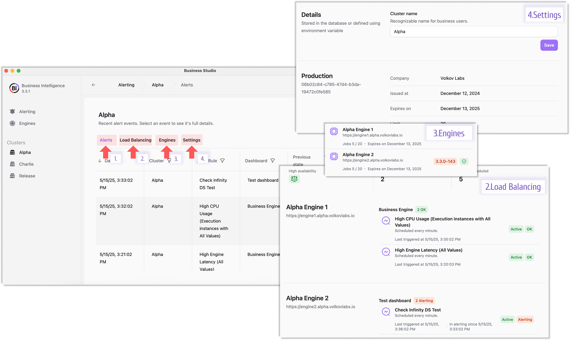 Enhanced Clustering pages displaying alerts, load-balanced configurations, and joined engines for seamless management.