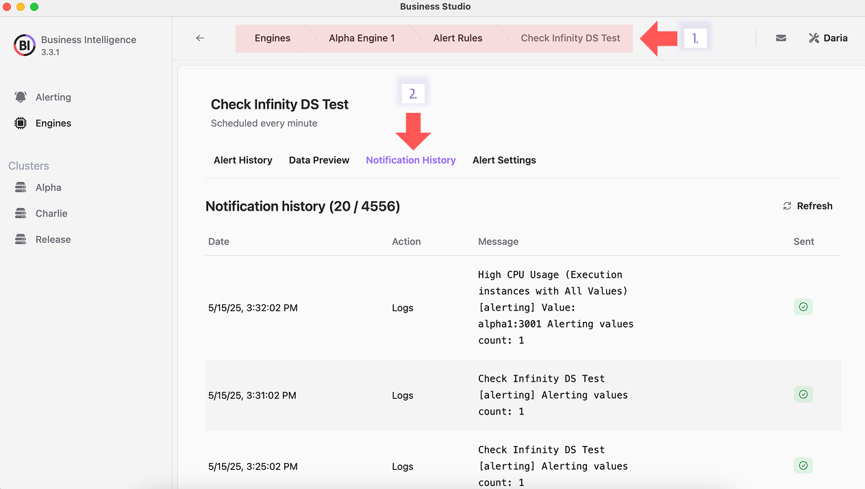 Alert Notification History showing recent events with sent status for quick reference and transparency.