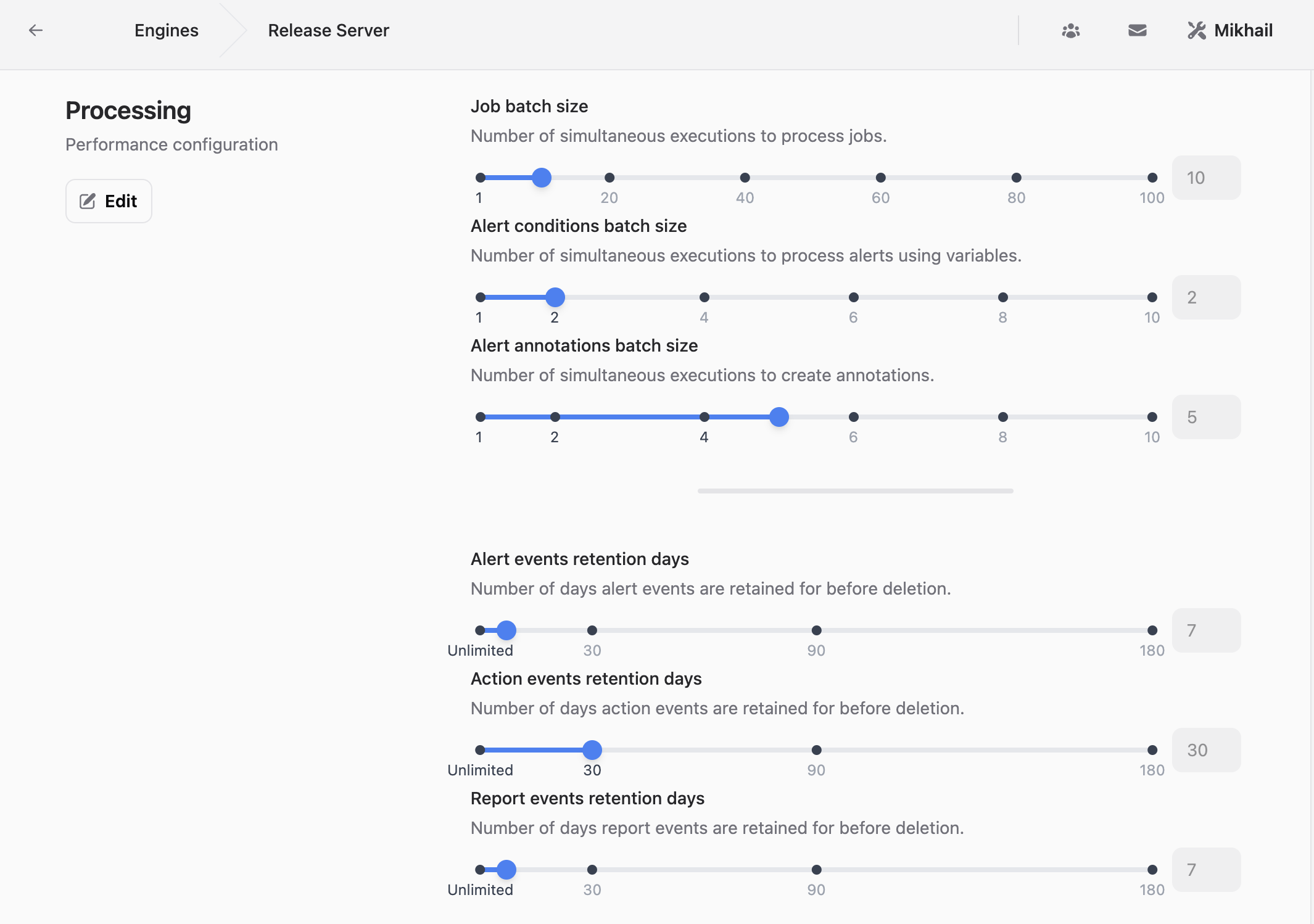 Engine settings page for adjusting performance and retention configurations based on CPU, memory, and disk space.