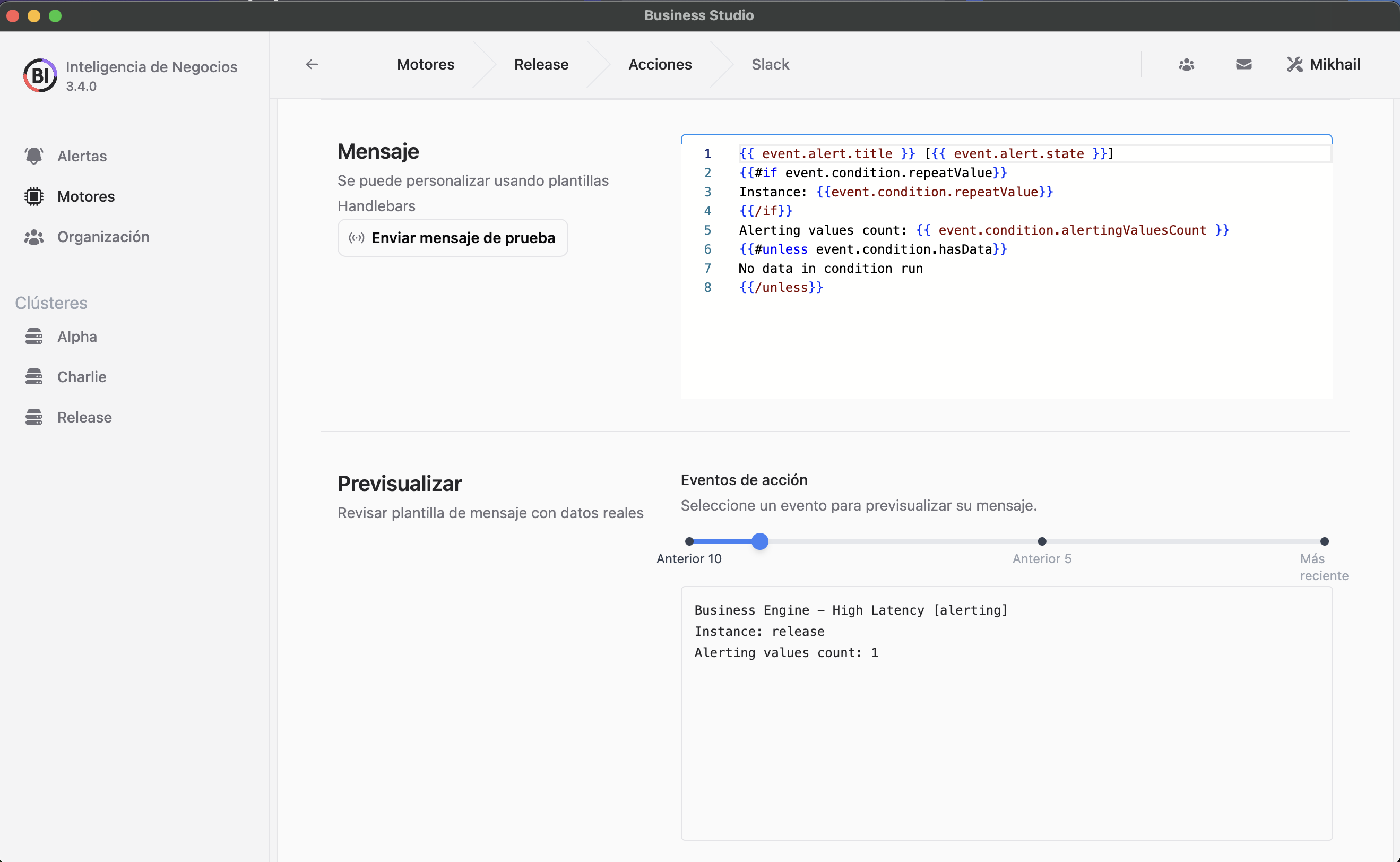 Action Settings with Handlebars and Preview in Business Studio (Spanish UI).