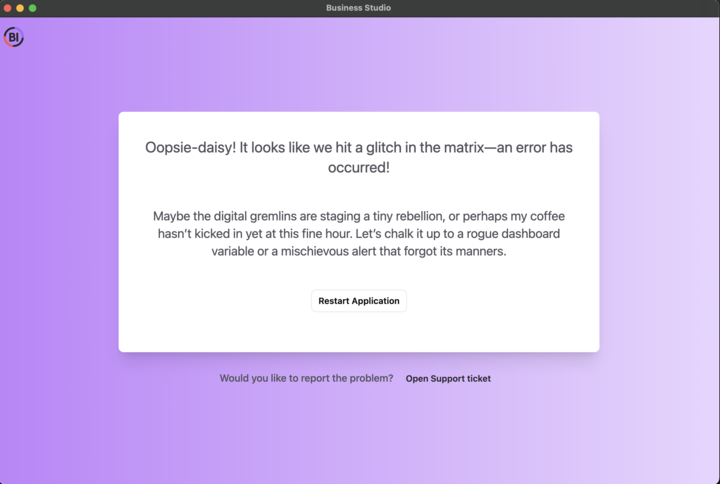New Error Handling Page in Studio for Restarting Applications and Opening Support Tickets.
