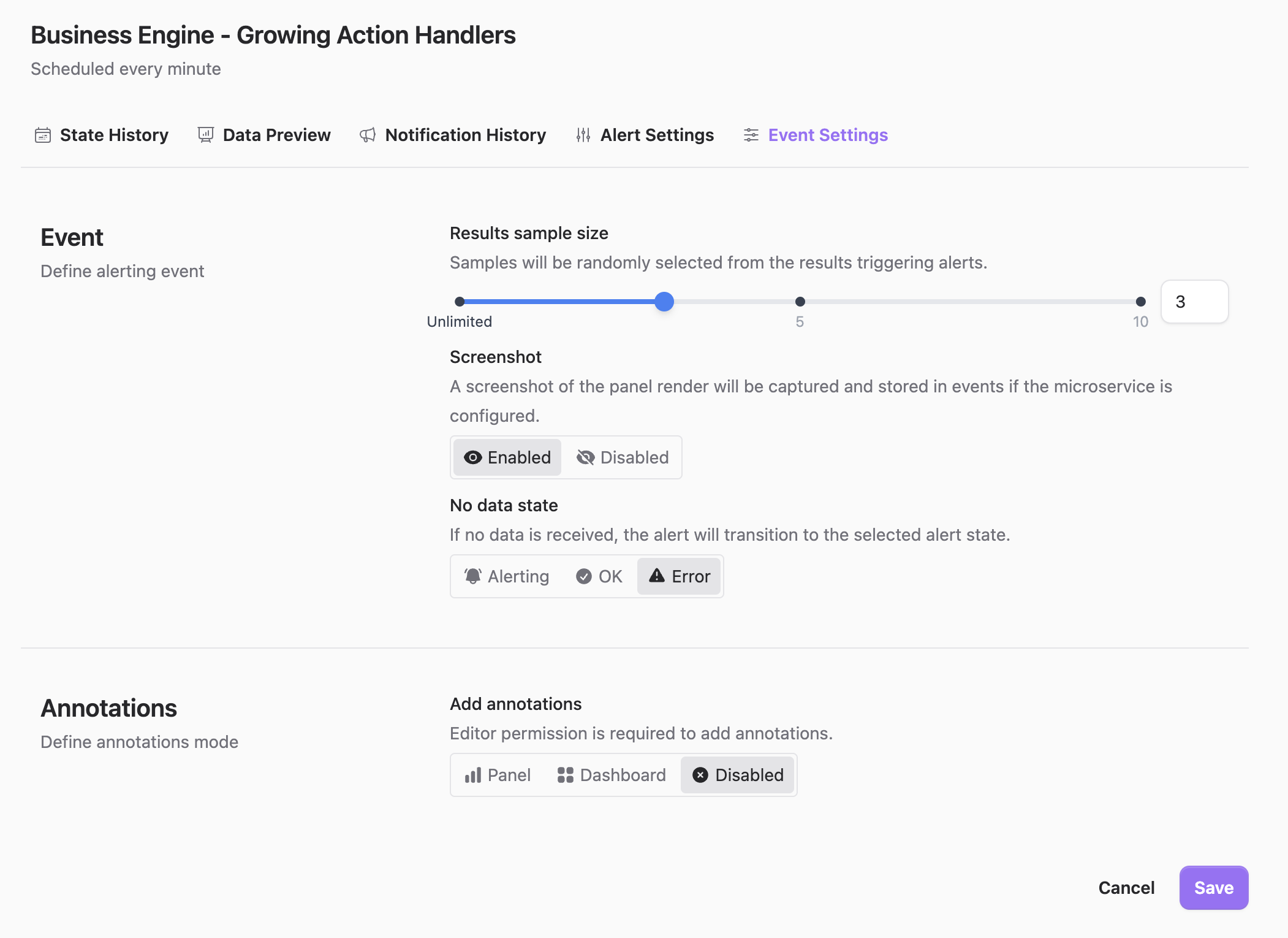 Event Settings page allows defining alerting events and annotations.