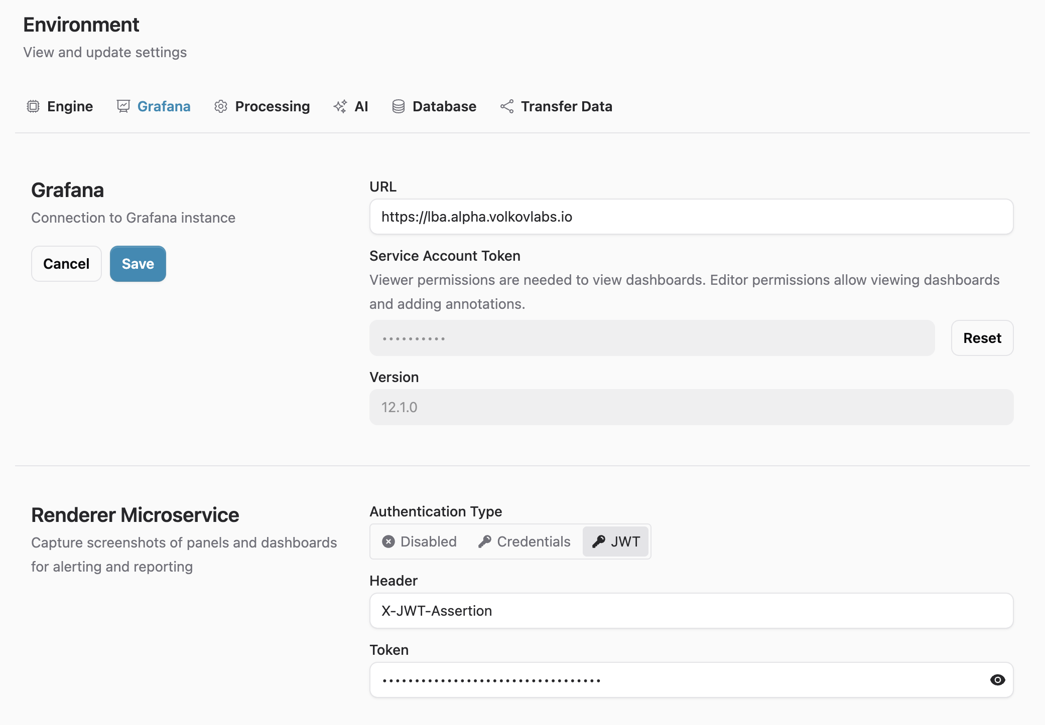 Configure JWT tokens for Renderer Microservice in Grafana Environment settings.