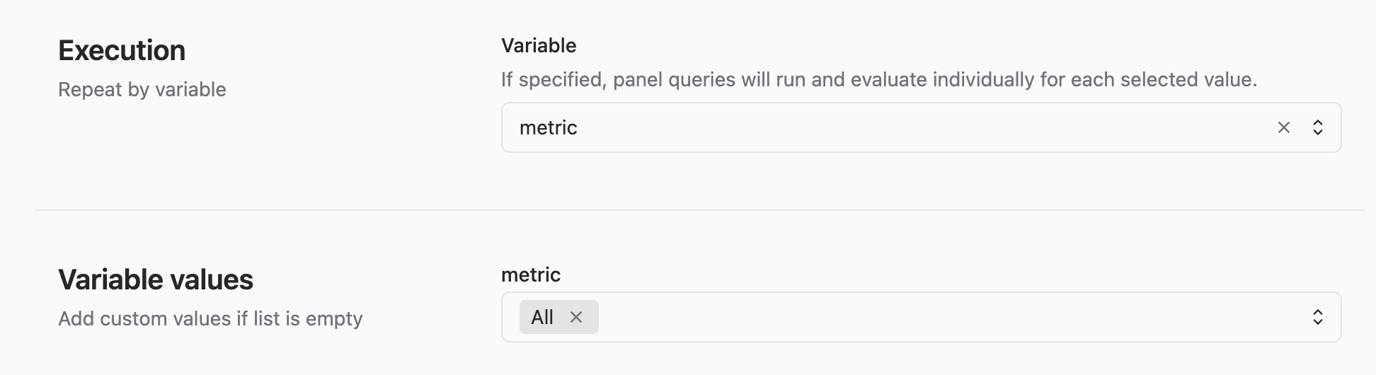 Execution and Variable sections for dashboards with Grafana variables.