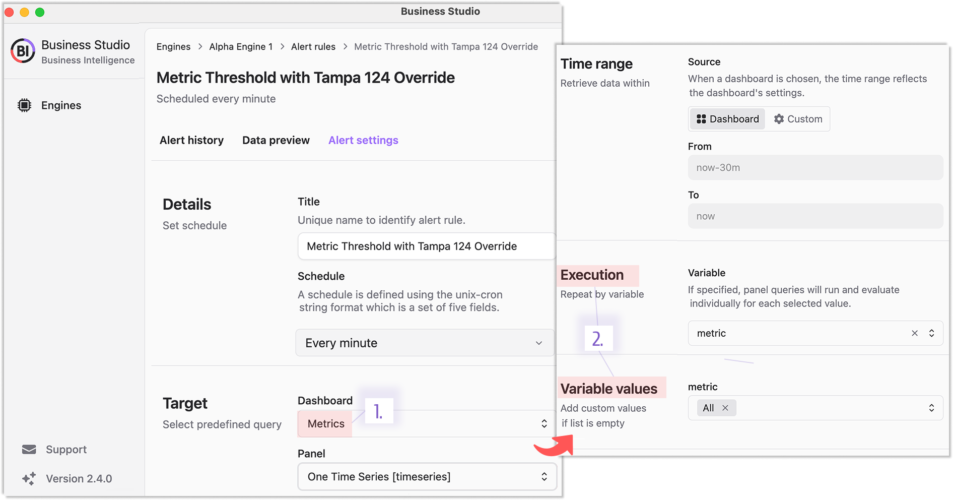 Execution and Variable Values sections in alert setup when dashboards use variables.