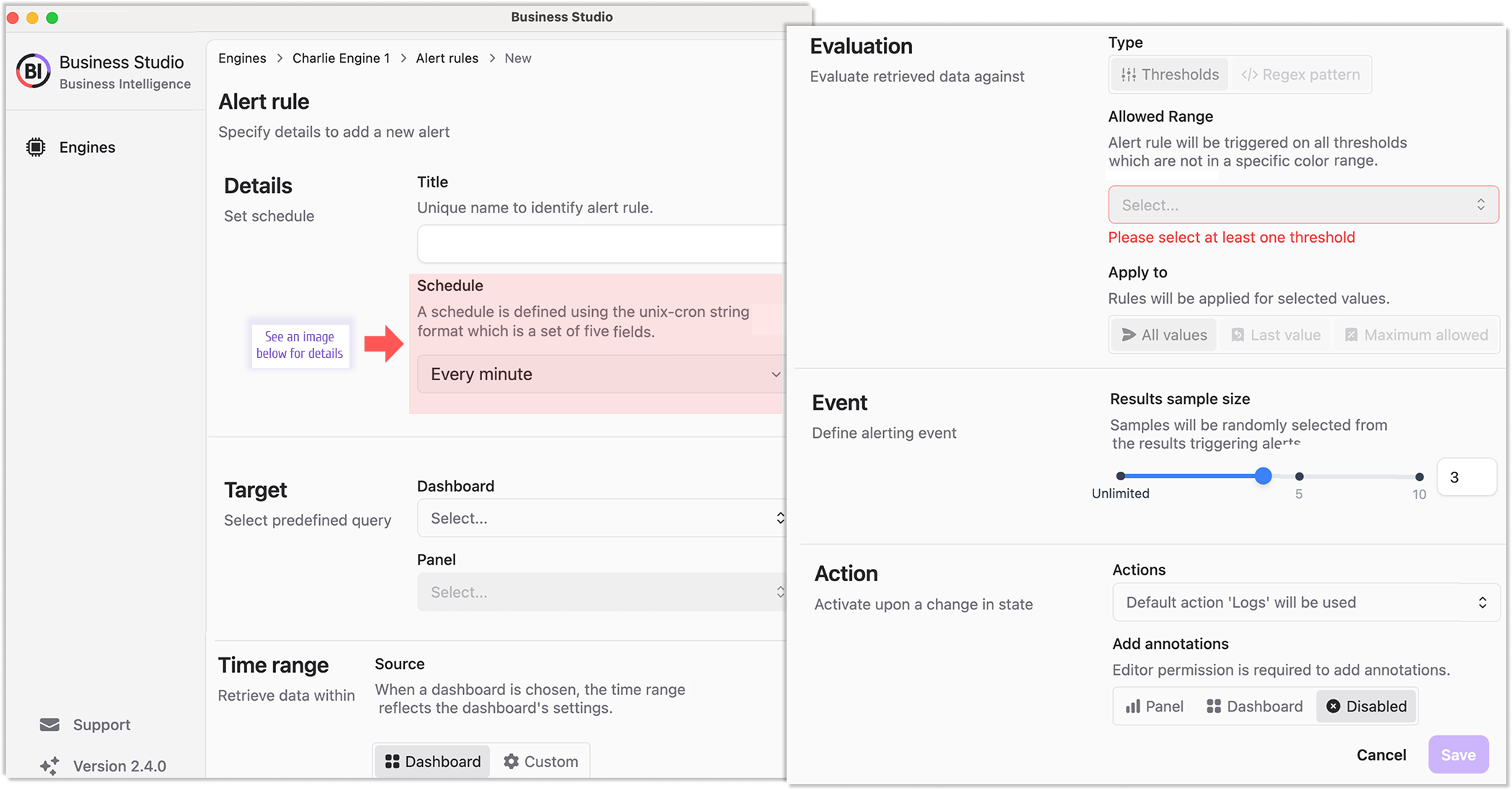 To add a new rule just select a preexisting dashboard and panel.