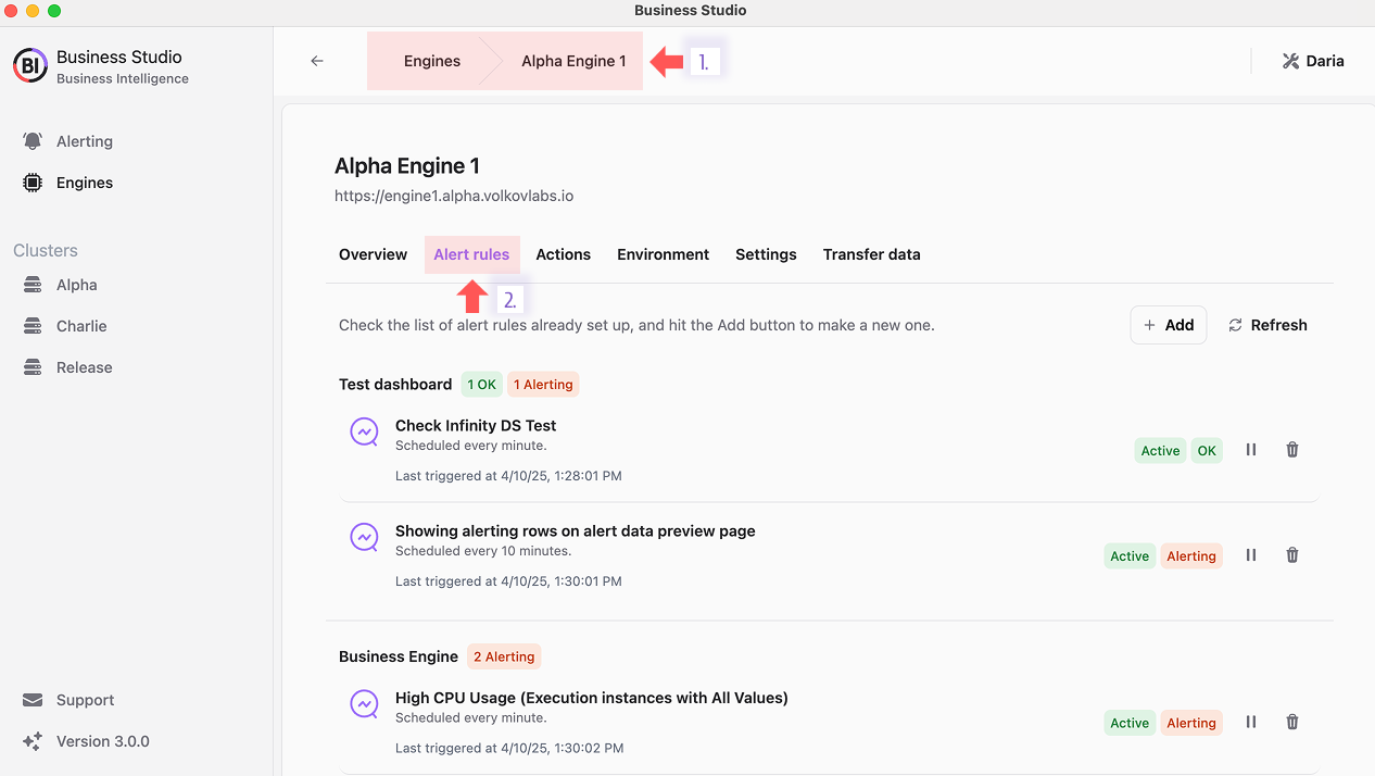 Alert rules page for the selected business engine.