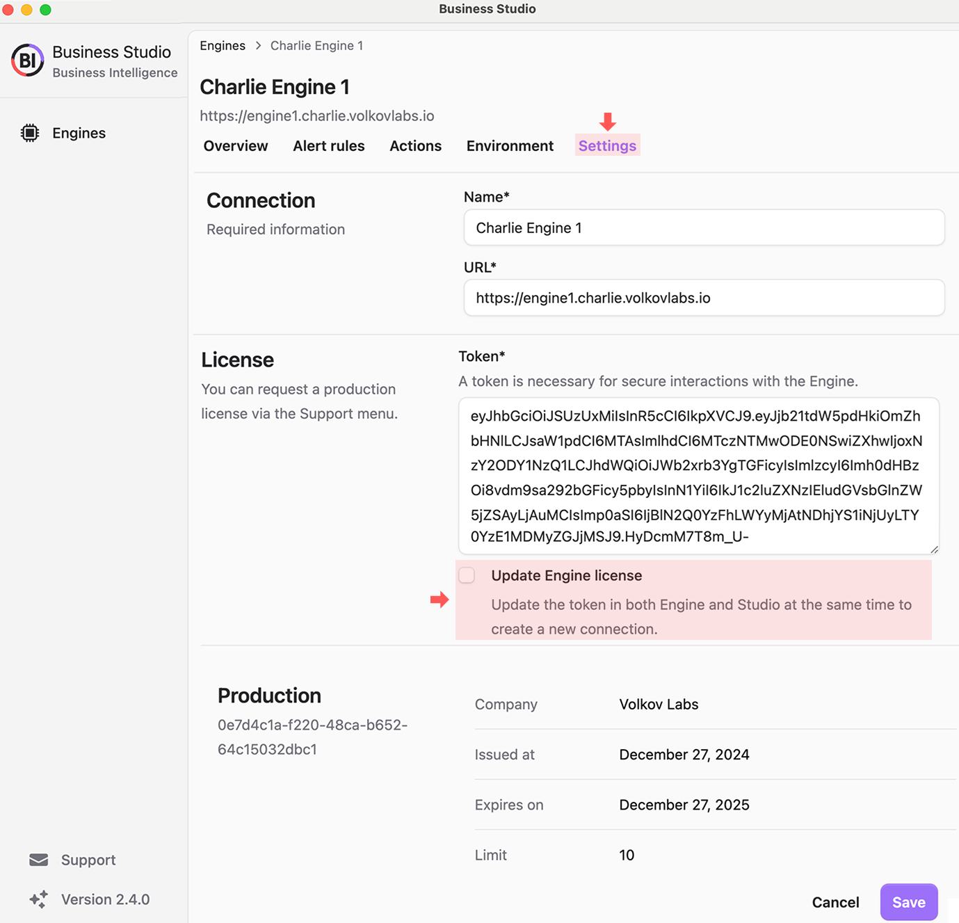 Settings for Charlie Engine 1 with Update Engine License Option